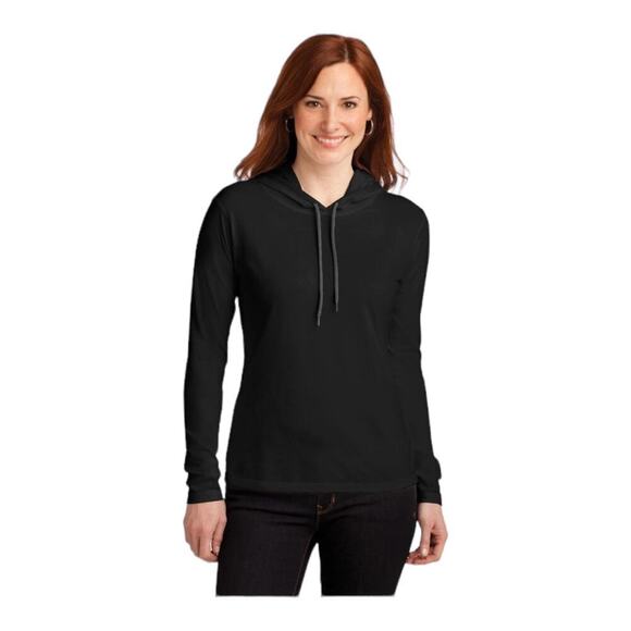 Anvil Hoodie Woman’s Large Hooded Tee Shirt Long Sleeve Lightweight Black Top - Picture 2 of 9